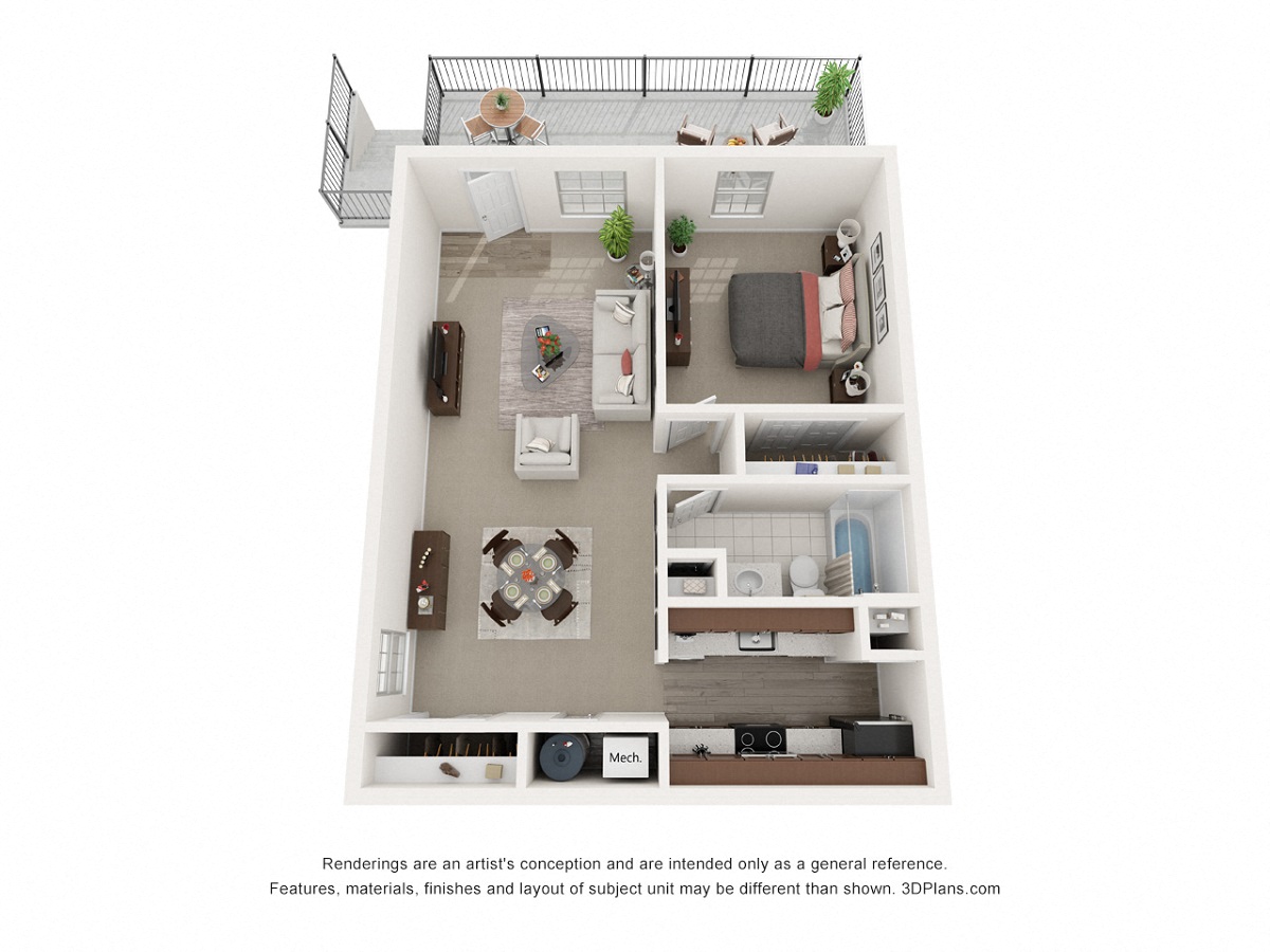 Floor plan for 1 bed, 1 bath, 744 sqft